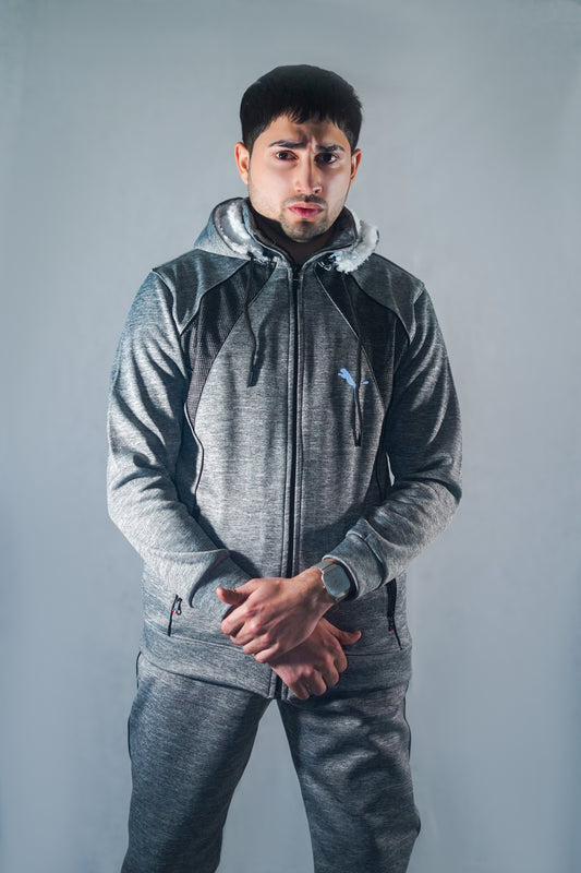 PU Premium Tracksuit with Detachable Hood (Silver)